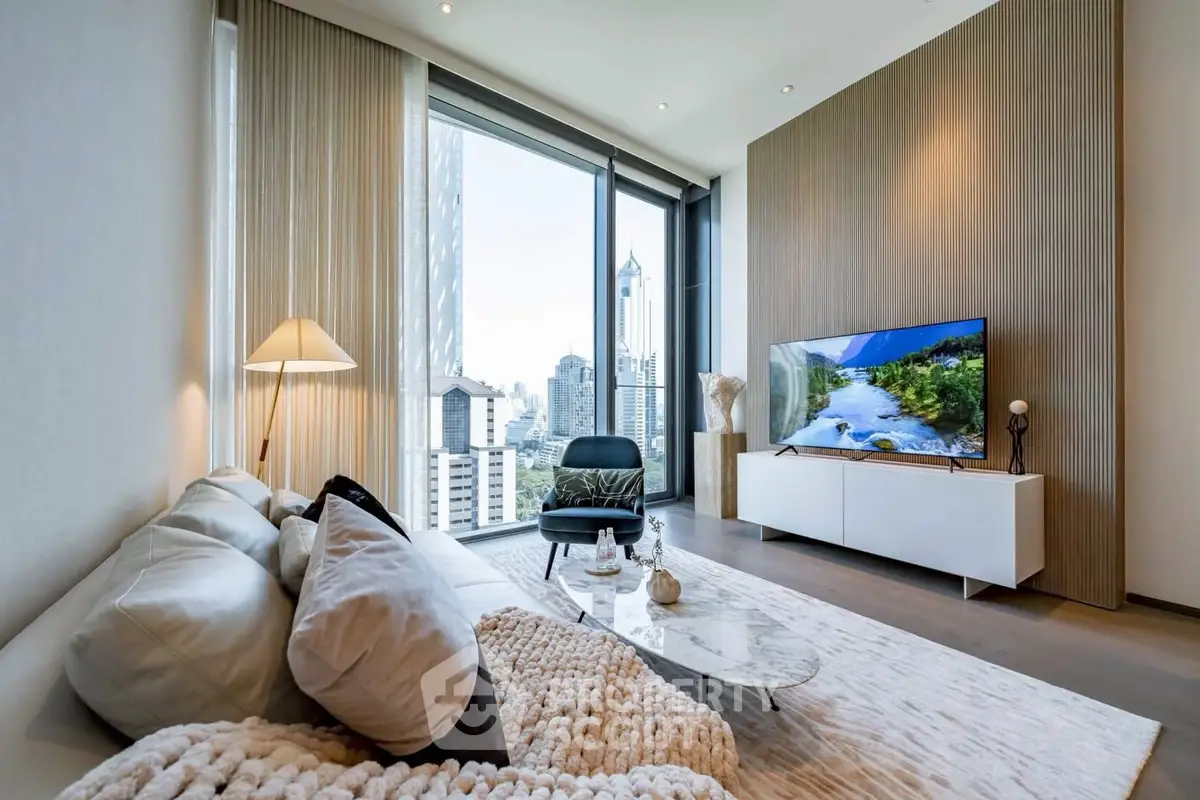 Luxurious modern living room with stunning city view and elegant decor