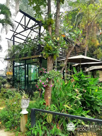 Charming garden view of modern glass house surrounded by lush greenery and vibrant flowers.