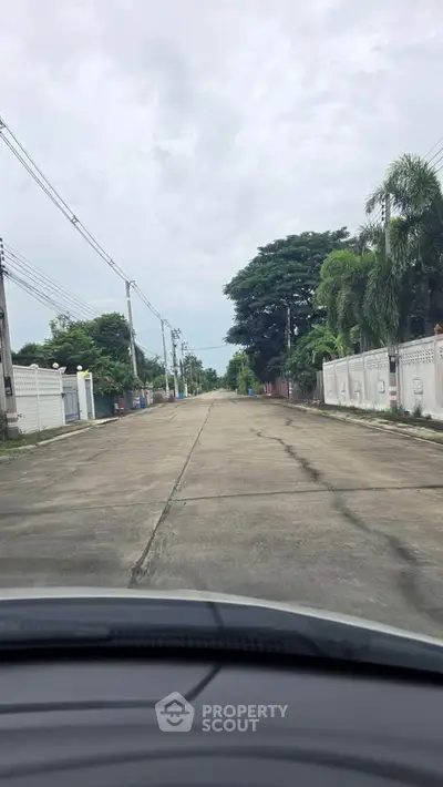 Quiet suburban street with lush greenery and residential fences, perfect for peaceful living.