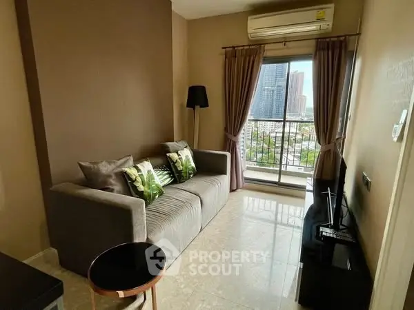 Cozy living room with city view, modern sofa, and air conditioning.