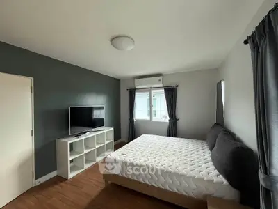 Spacious bedroom with modern decor and natural light