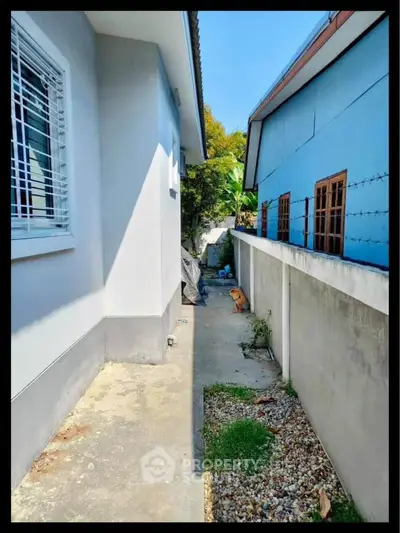 Narrow side pathway between two residential buildings with a sunny exterior view.