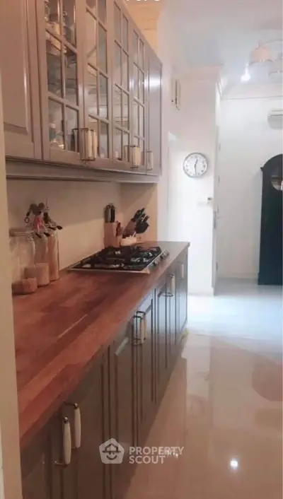 Charming kitchen with wooden countertops and glass cabinets, featuring a sleek gas stove.