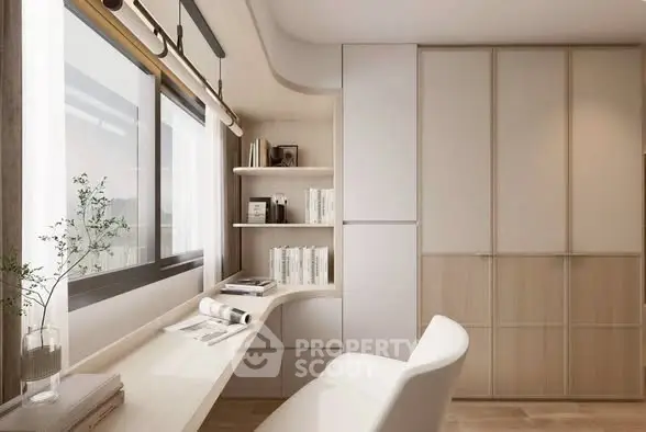 Modern study room with sleek built-in shelves and large window for natural light.