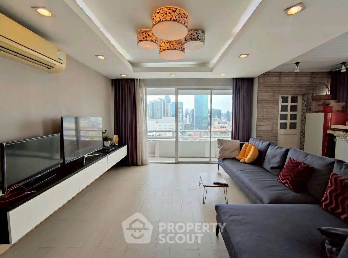 Spacious modern living room with city view and stylish decor