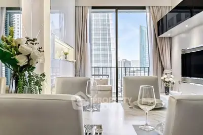 Luxurious modern living room with elegant dining area and stunning city view.