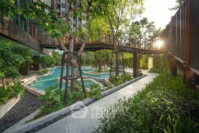 Luxurious garden view with modern pool and lush greenery in urban setting