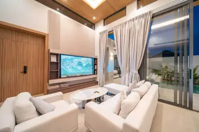 Luxurious modern living room with high ceilings and elegant decor