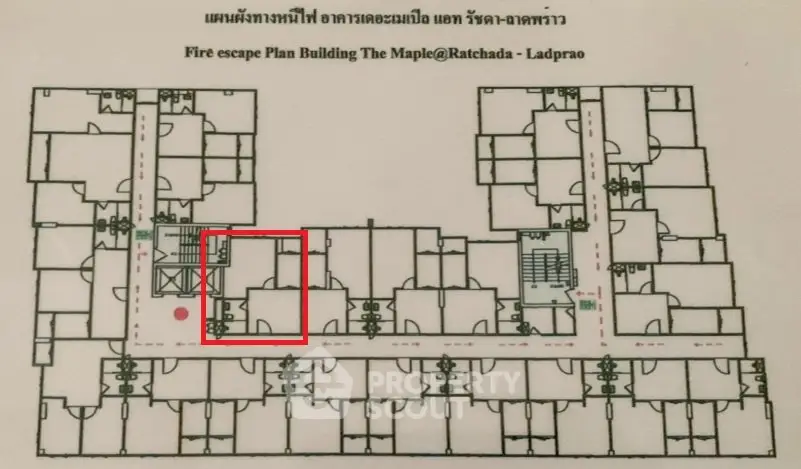 Fire escape plan for The Maple building at Ratchada-Ladprao, showcasing detailed floor layout.