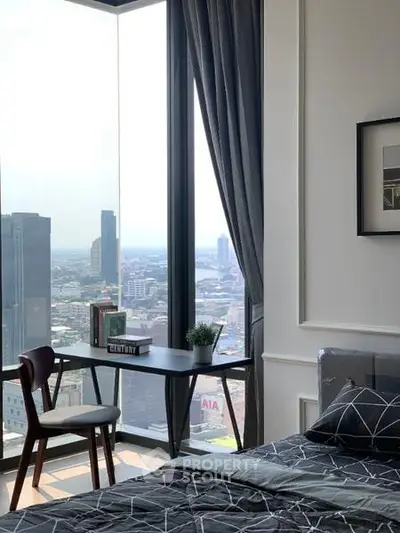 Modern bedroom with stunning city view and stylish decor
