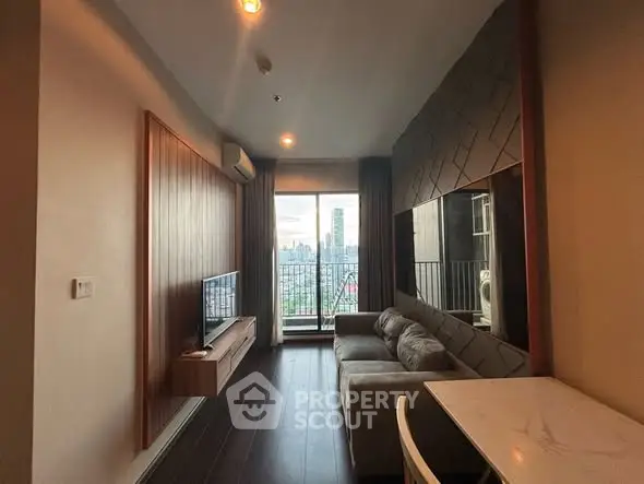 Modern living room with city view and stylish decor