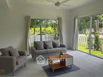 Bright living room with modern furniture and garden view, perfect for relaxation.