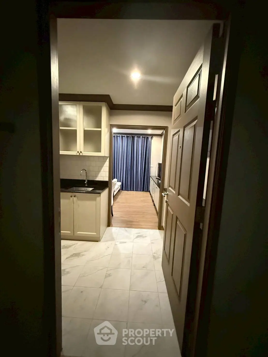 Cozy apartment entrance leading to a compact kitchen and living area with elegant flooring.