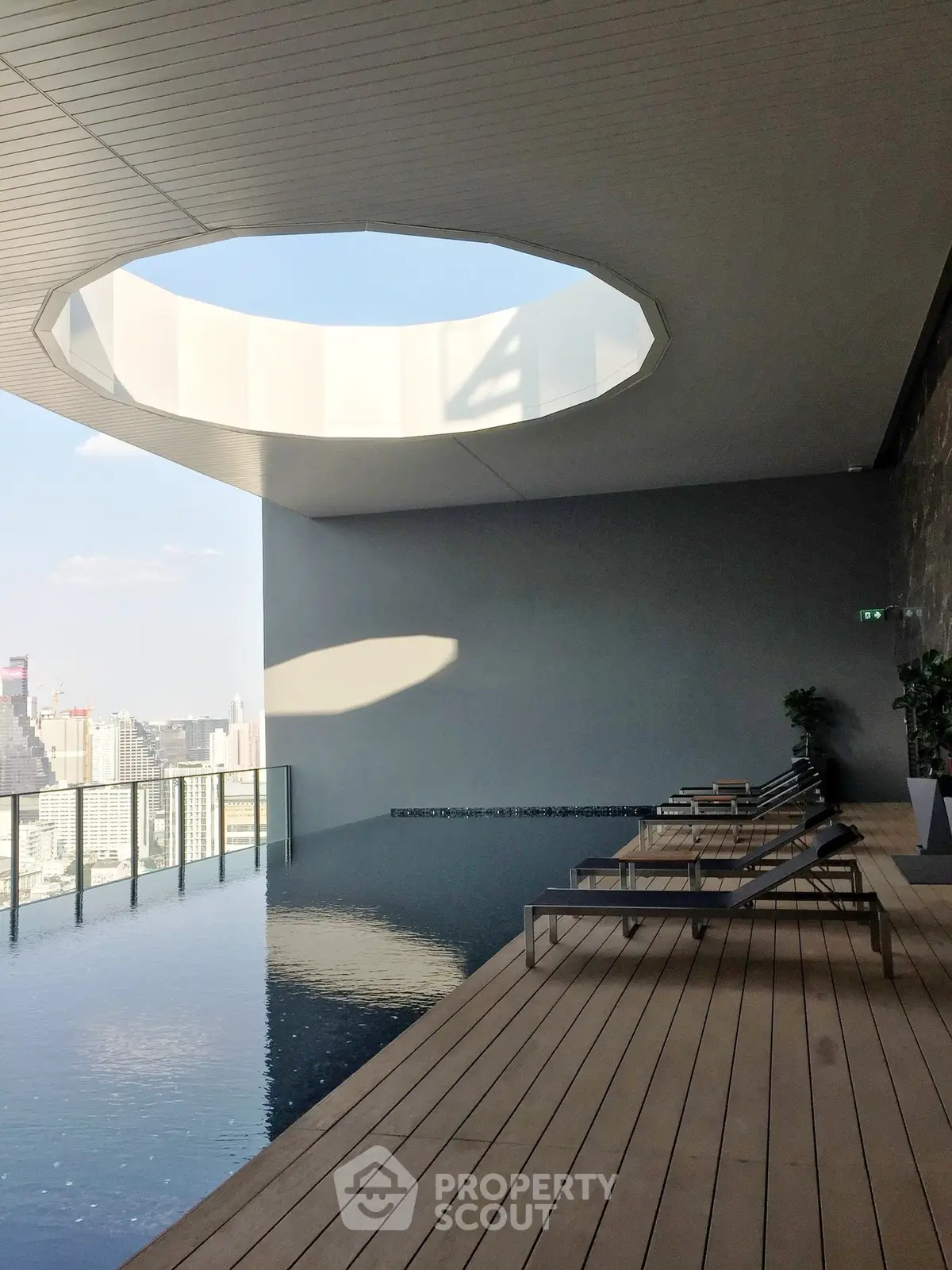 Luxurious rooftop pool with city skyline view and modern design