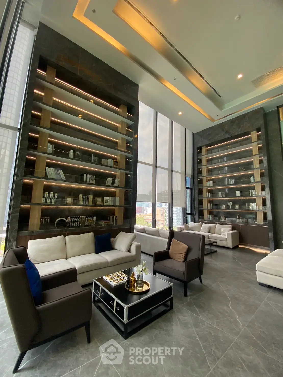 Luxurious high-rise living room with floor-to-ceiling windows and elegant decor