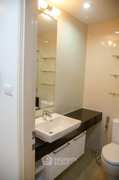 Modern bathroom with sleek sink and wall-mounted shelves in a contemporary apartment.