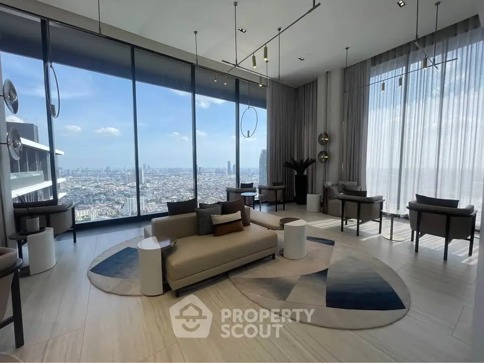 Luxurious high-rise living room with panoramic city views and modern decor