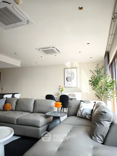 Spacious modern living room with elegant gray sofas and stylish decor