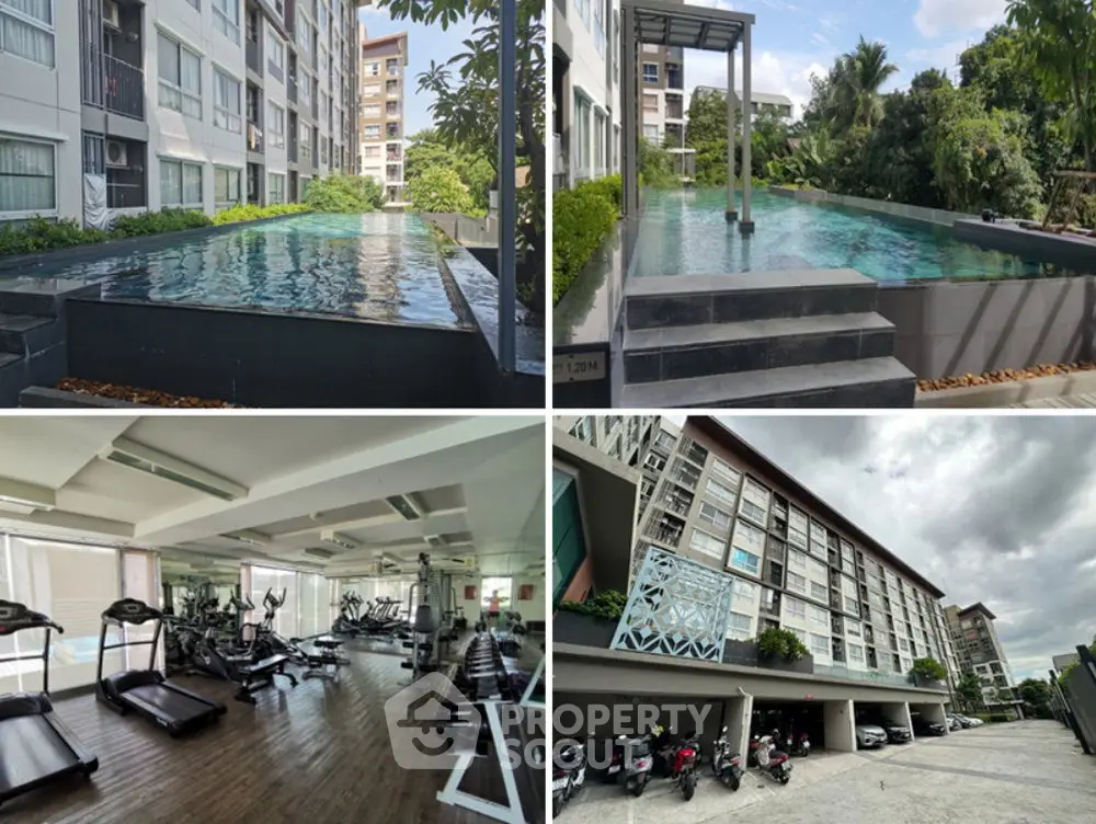 Modern condo with pool, gym, and lush garden views for luxurious living.