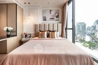 Luxurious bedroom with city view, elegant decor, and large windows in modern high-rise apartment.