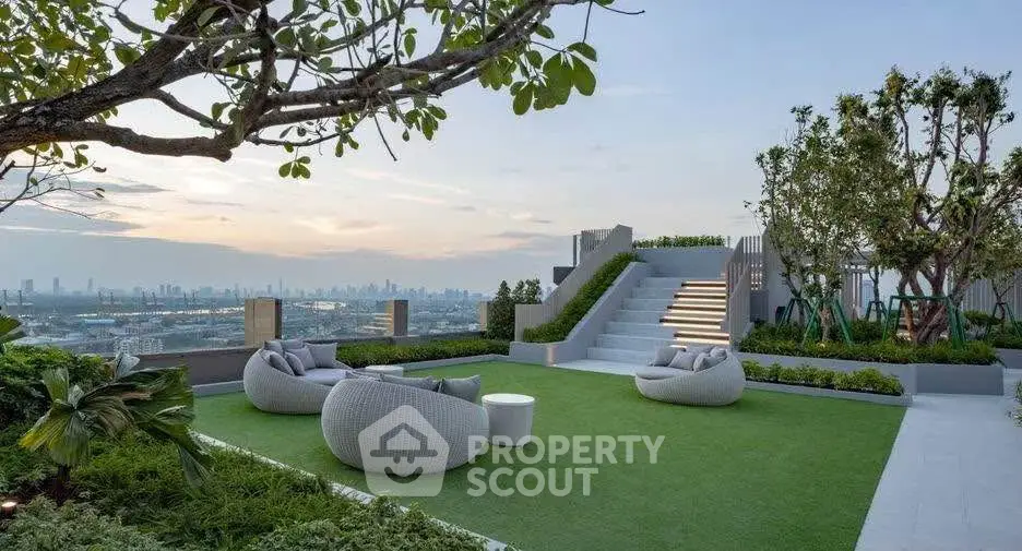 Luxurious rooftop garden with stunning city view and modern seating area.