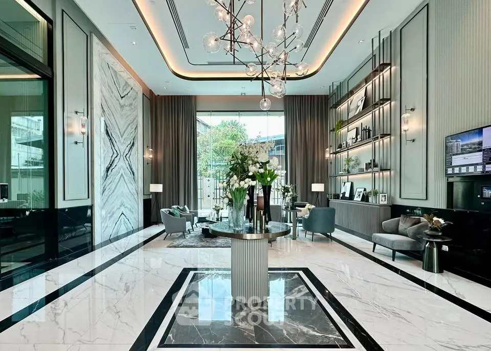 Luxurious modern living room with high ceilings and elegant decor