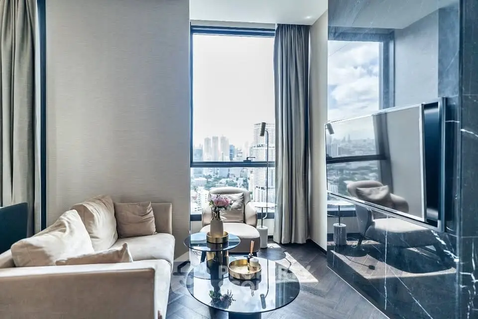 Luxurious living room with panoramic city view and modern decor