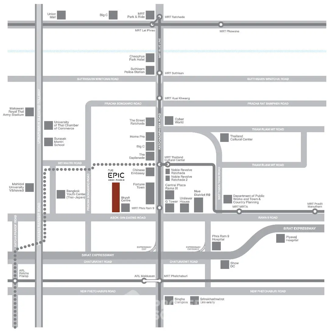 Map showing location of EPIC condominium with nearby roads and landmarks.