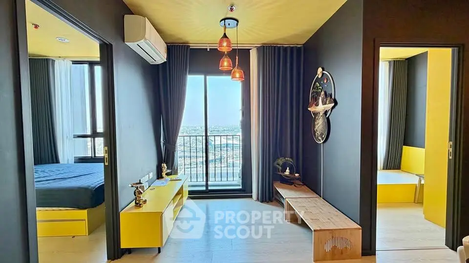 Modern apartment interior with stylish decor and balcony view