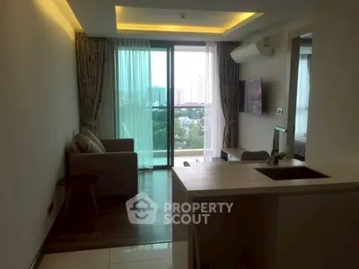 Modern living room with balcony view and sleek interior design