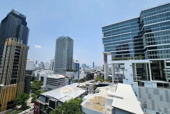 Stunning cityscape view showcasing modern high-rise buildings under a clear blue sky.