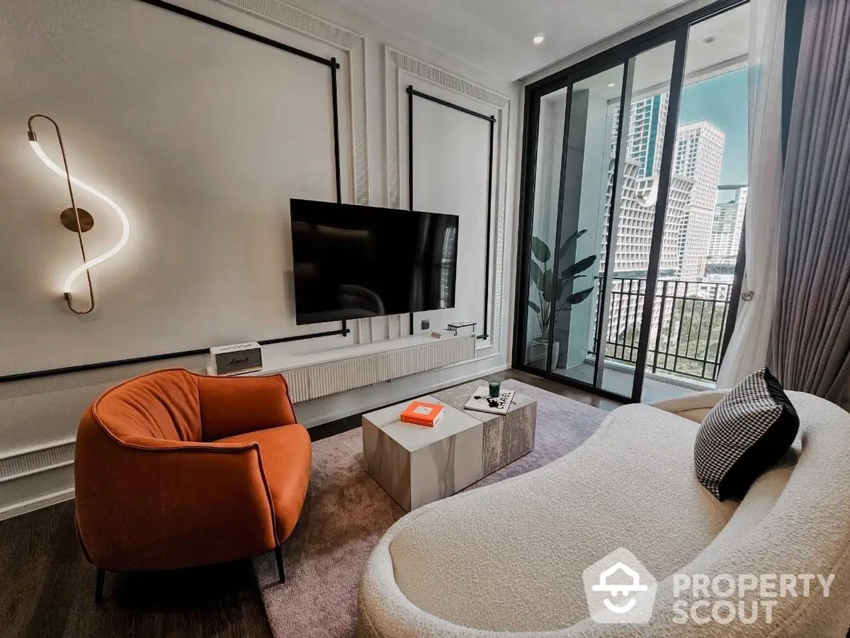 Chic urban living room with plush furnishings, modern TV, and balcony access showcasing a cityscape view, perfect for cosmopolitan lifestyles.