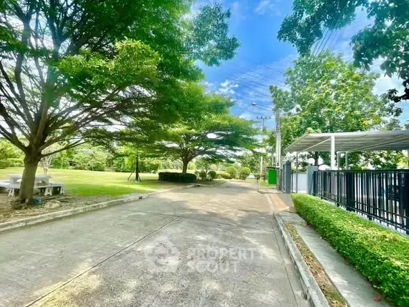 Serene residential street with lush greenery and clear blue sky