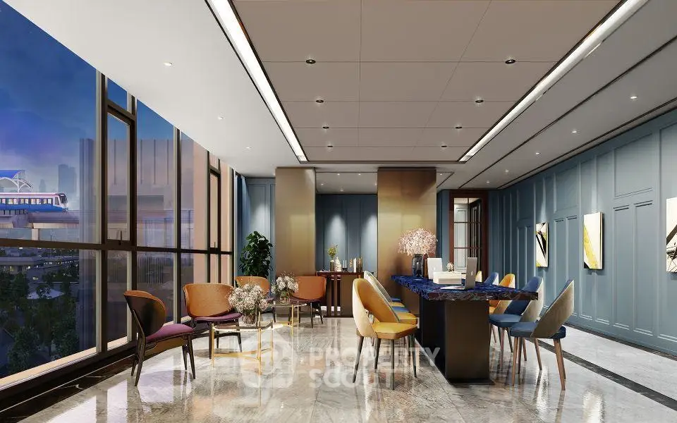 Luxurious modern living room with elegant decor and stunning city view.