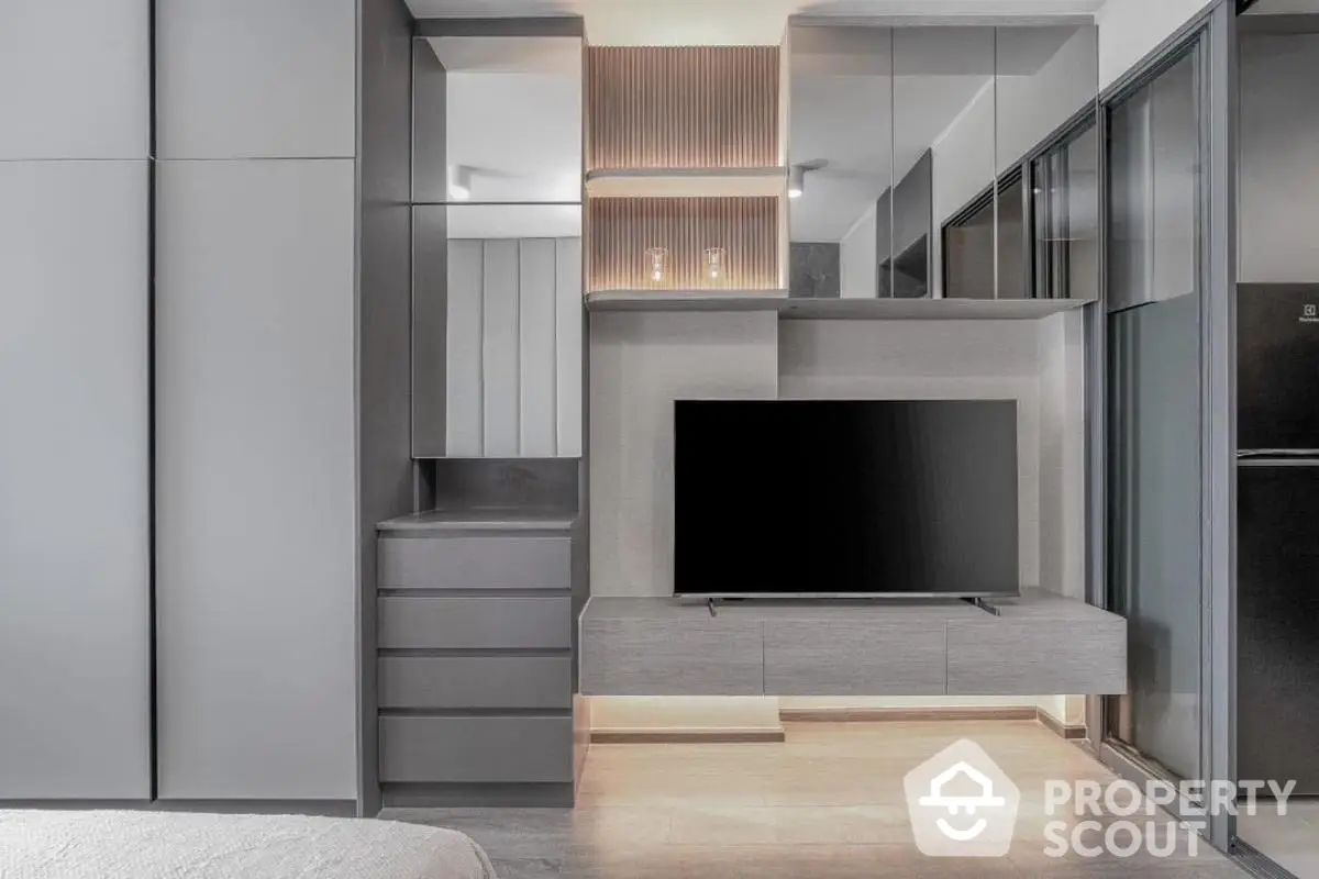 Modern living room with sleek built-in storage and flat-screen TV