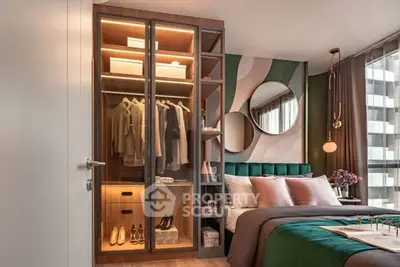 Luxurious bedroom with stylish wardrobe and elegant decor