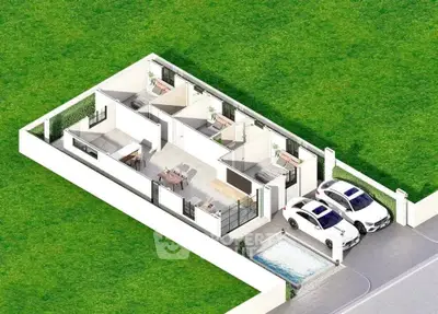 Modern architectural floor plan with lush green surroundings and private parking space.