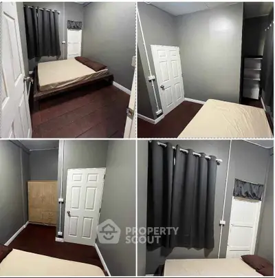 Cozy bedroom with minimalist decor and ample storage space, perfect for urban living.