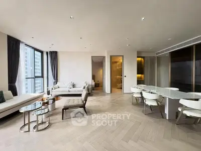 Luxurious modern living room with elegant dining area and large windows offering city views.