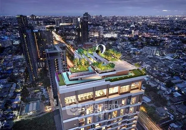 Stunning rooftop garden with panoramic city views on a modern high-rise building at dusk.