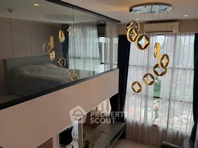 Luxurious modern loft with stunning city view and elegant lighting fixtures