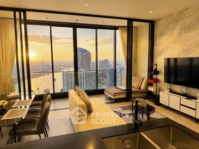 Luxurious living room with stunning city and river view, modern decor, and floor-to-ceiling windows.