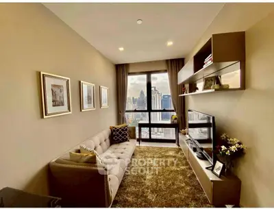 Stylish living room with city view, modern decor, and cozy ambiance in a high-rise apartment.