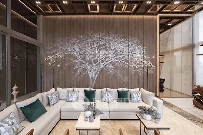 Luxurious modern living room with elegant decor and spacious seating area.