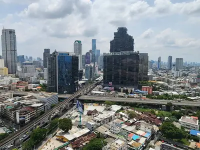 Stunning cityscape view showcasing modern skyscrapers and urban landscape under a cloudy sky.