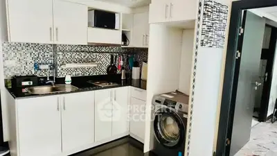 Modern kitchen with sleek cabinets and built-in washing machine