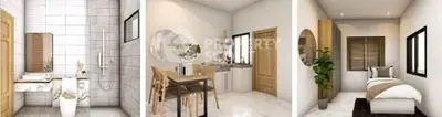 Modern interior design featuring bathroom, dining area, and cozy bedroom with stylish decor.