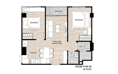 Modern 2-bedroom apartment floor plan with open living area and balcony.