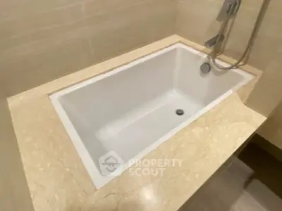 Luxurious bathroom with elegant built-in bathtub and modern fixtures.