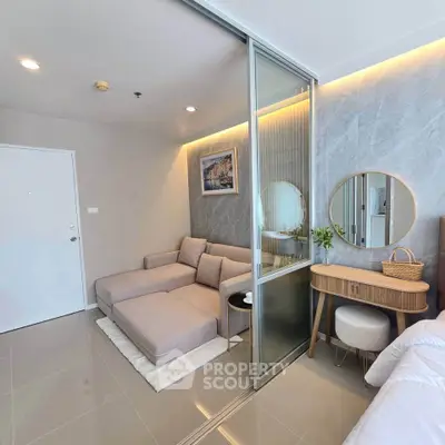 Modern living room with stylish decor and cozy seating area